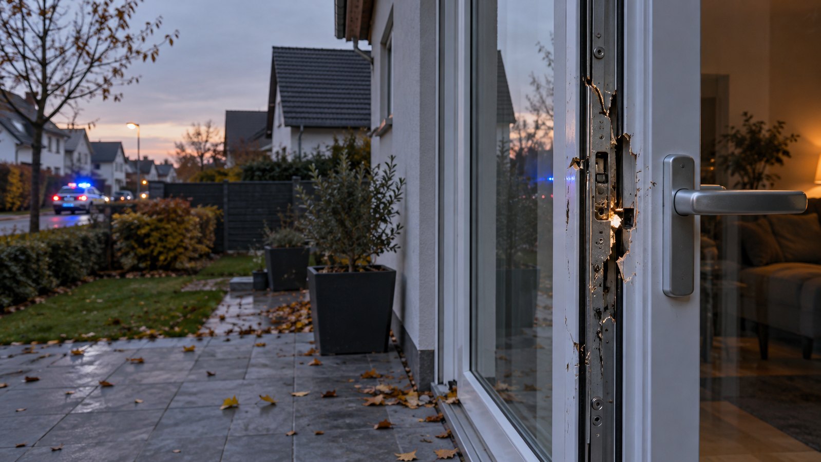 Beschädigte Terrassentür eines Wohnhauses nach einem Einbruch