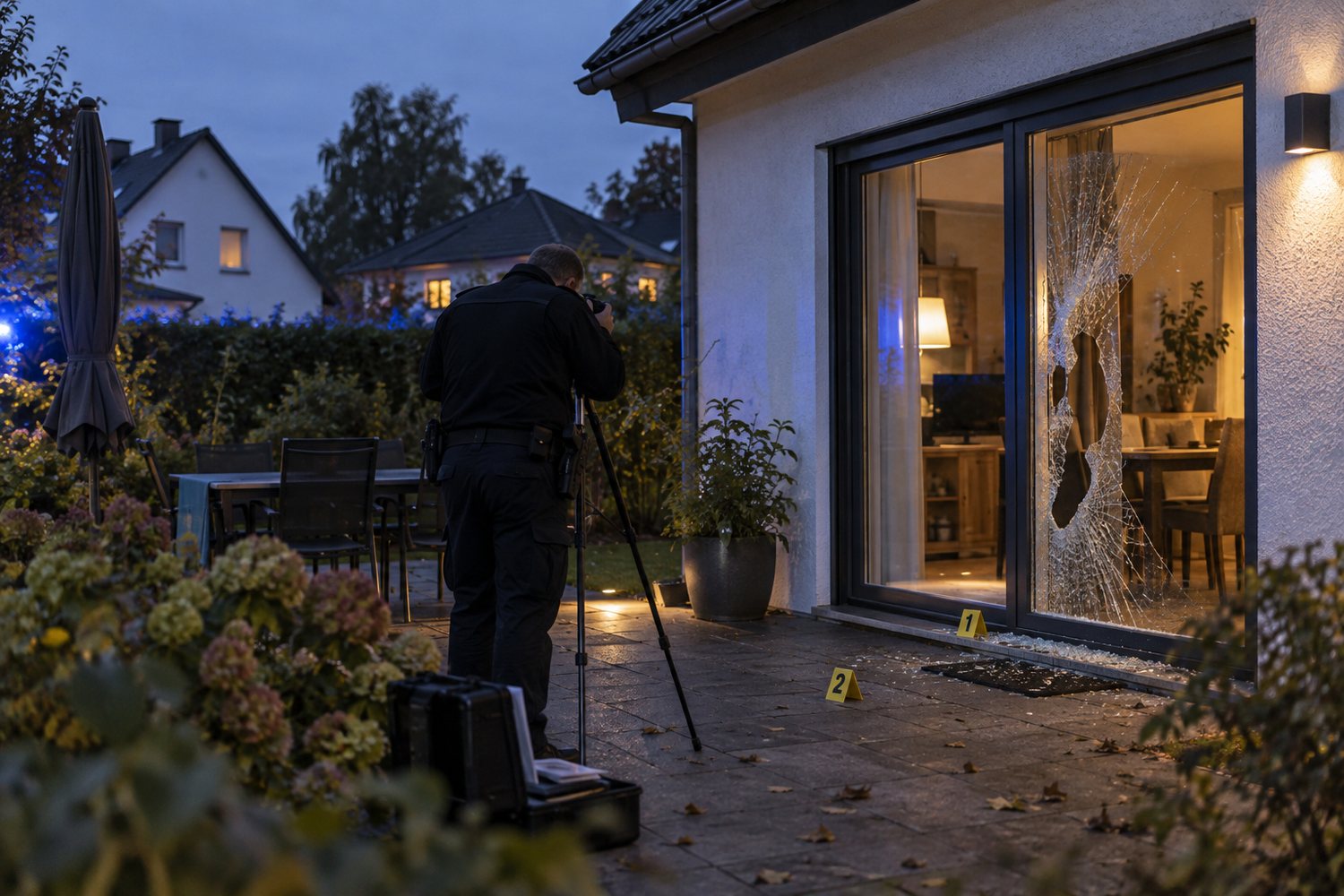 Realistisches redaktionelles Symbolbild einer polizeilichen Spurensicherung nach einem Einbruch