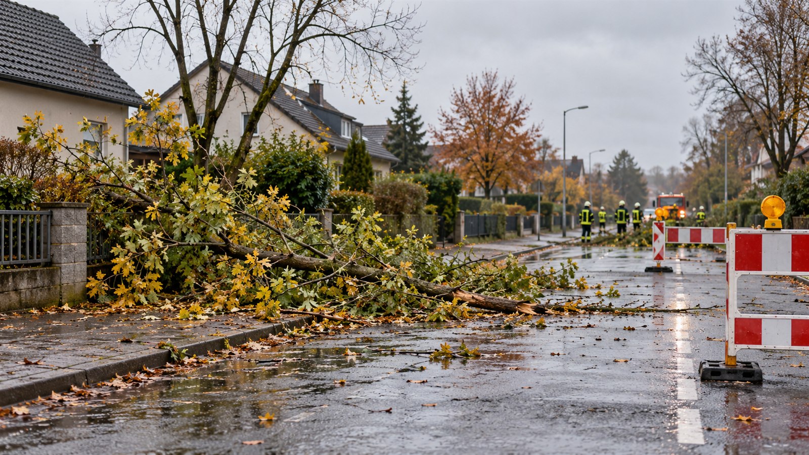 Umgestürzter Ast und Absperrungen auf einer nassen Wohnstraße im Herbst