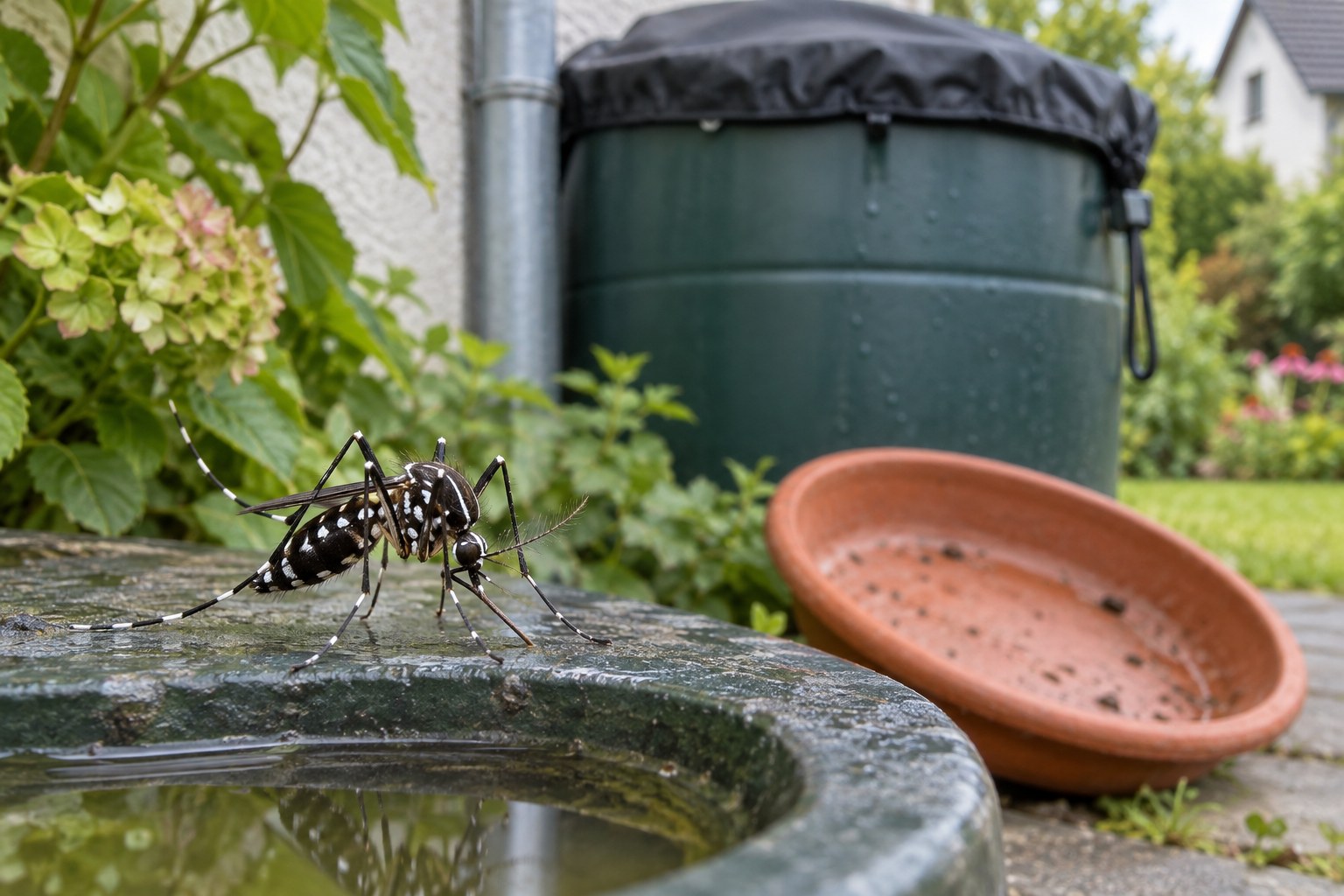 Asiatische Tigermücke in einem Garten als redaktionelles Symbolbild