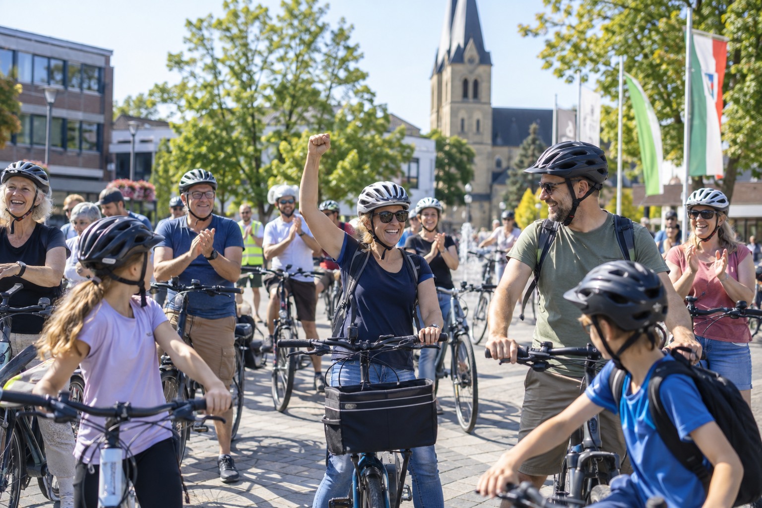 Radfahrerinnen und Radfahrer feiern gemeinsam den Abschluss des Stadtradelns in Pulheim