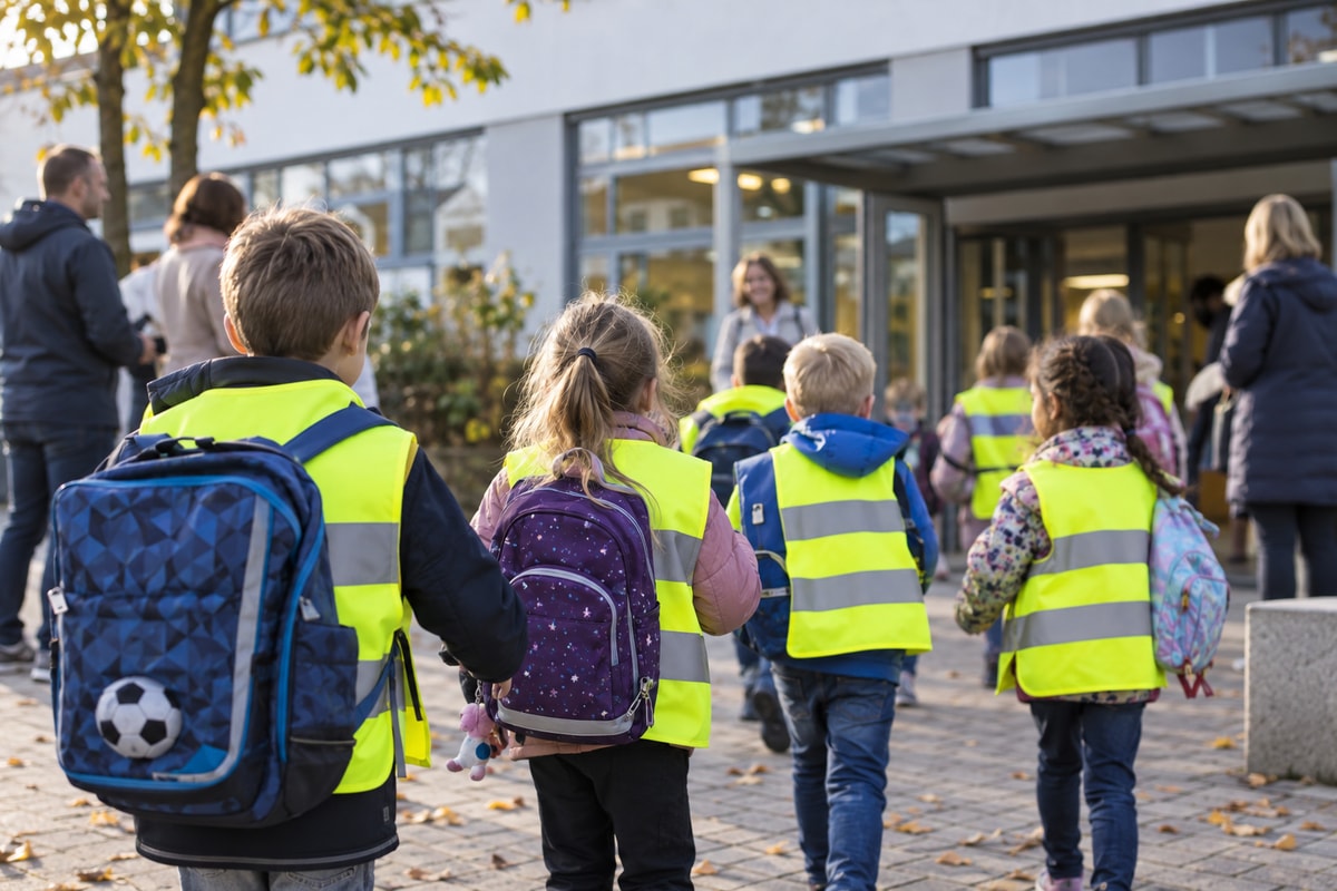 Symbolbild: Grundschulkinder mit reflektierenden Warnwesten auf dem Schulweg