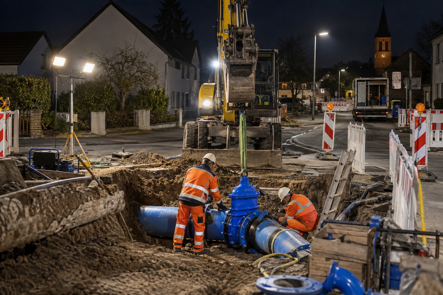 Nächtliche Arbeiten an einer großen Trinkwasserleitung in einer Wohnstraße