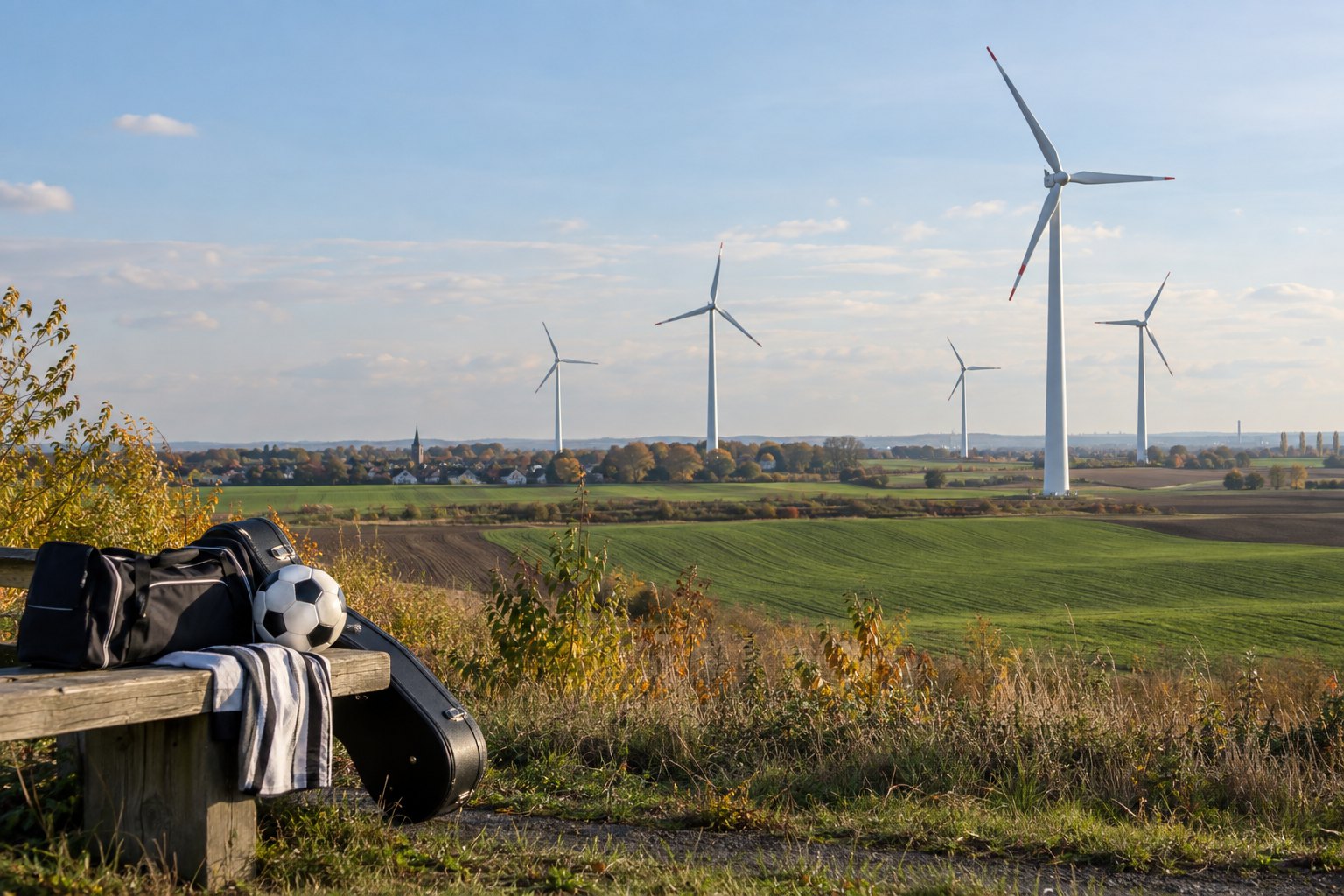 Realistisches Symbolbild eines Windparks und örtlicher Vereinsarbeit in Bedburg