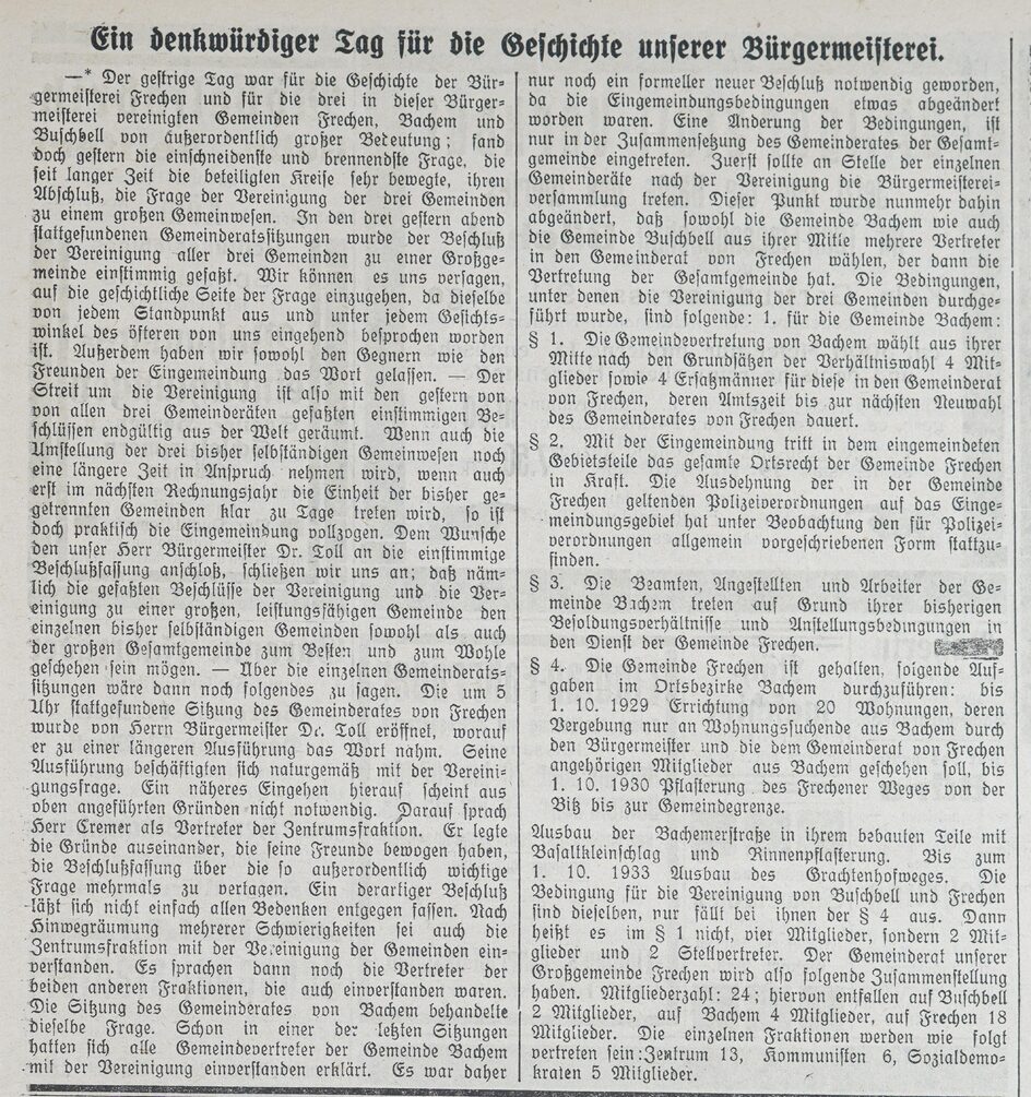 Zeitungsartikel aus dem Frechener Tageblatt vom 18. August 1926