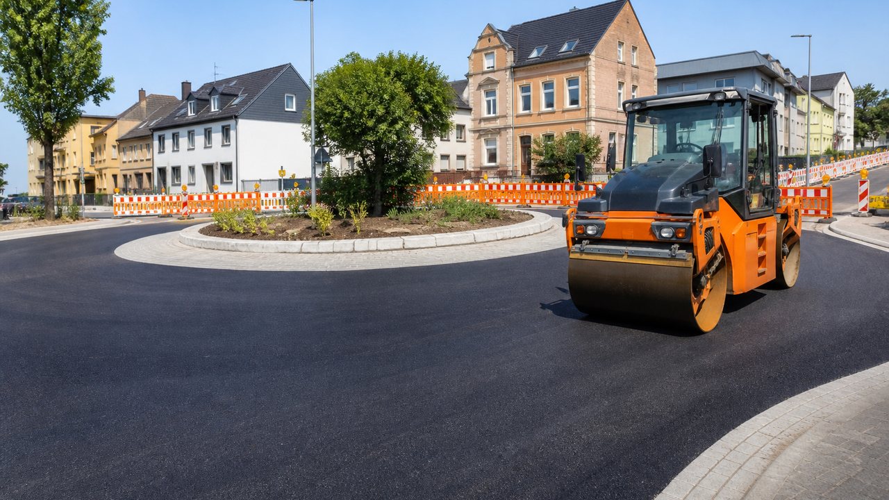 Symbolbild von Asphaltarbeiten an einem Kreisverkehr