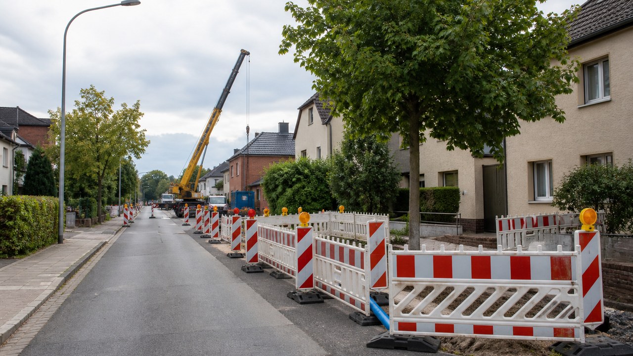 Symbolbild einer abgesicherten Straßenbaustelle mit mobilem Kran