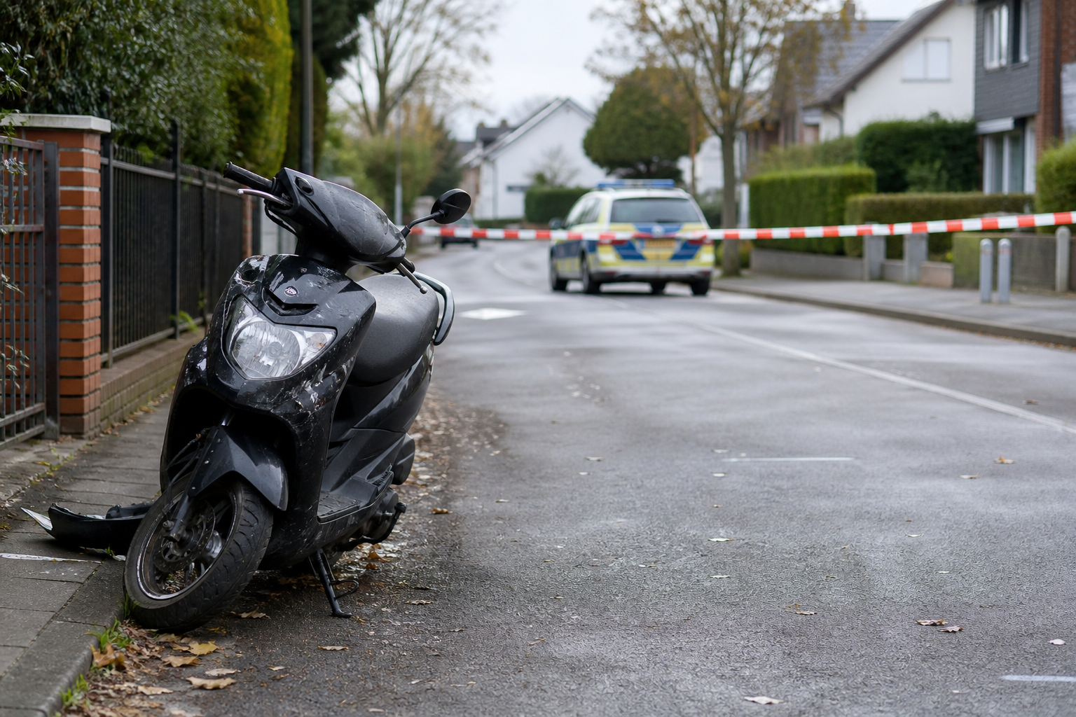 Symbolbild eines beschädigten Motorrollers an einer abgesperrten Straße