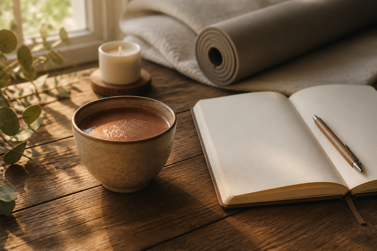 Symbolbild einer Tasse Kakao neben einem Journal und einer Yogamatte