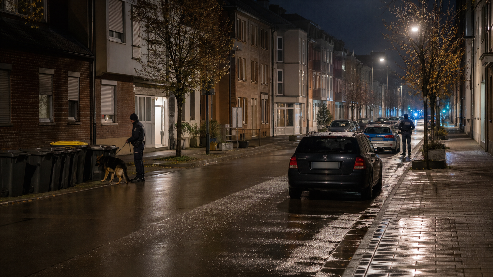 Symbolbild eines nächtlichen Polizeieinsatzes mit Diensthund in einer Kerpener Straße