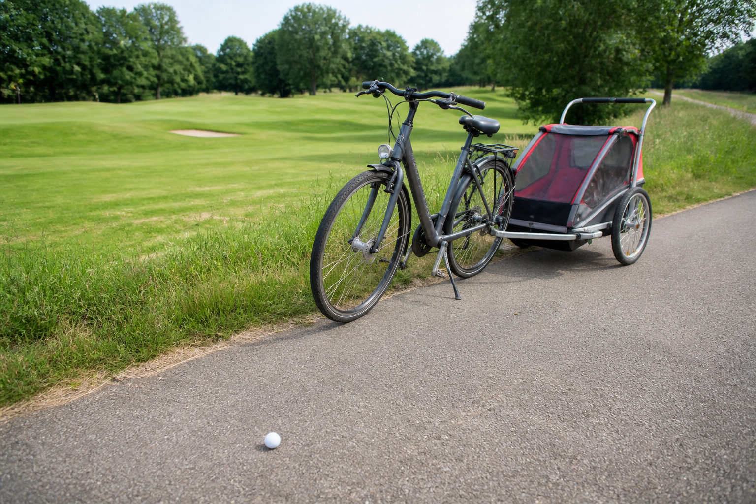 Symbolbild: Fahrrad mit Anhänger an einem Golfplatz