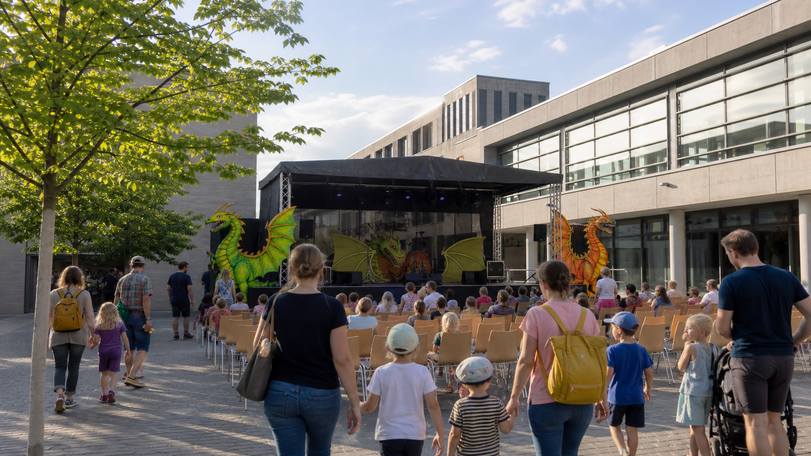 Symbolbild eines sommerlichen Familien-Kulturprogramms vor einem kommunalen Veranstaltungsgebäude
