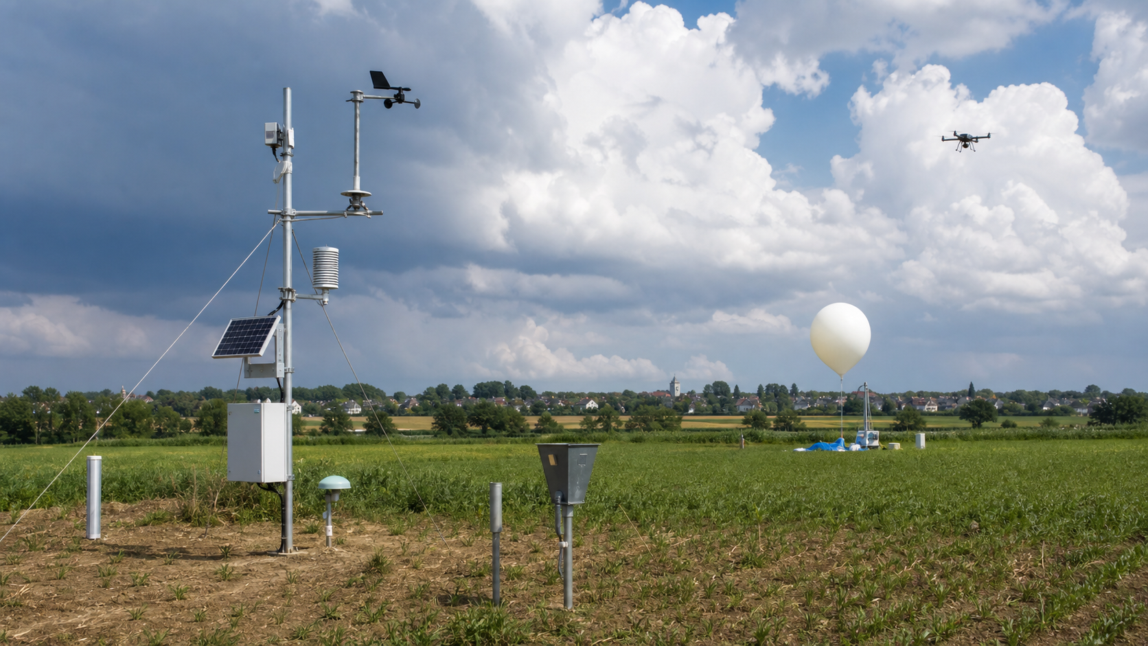 Symbolbild einer meteorologischen Messstation in der Landschaft bei Pulheim